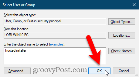 Затворете диалоговия прозорец Избор на потребител или група в редактора на системния регистър на Windows