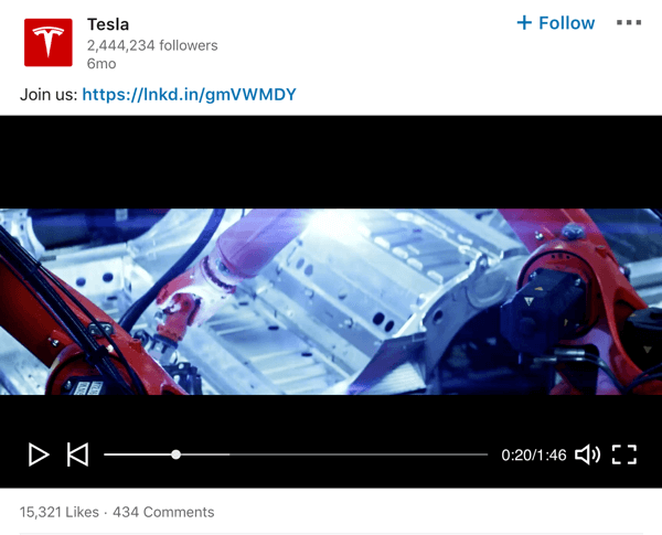 Пример за видео публикация на фирмена страница на Tesla LinkedIn.