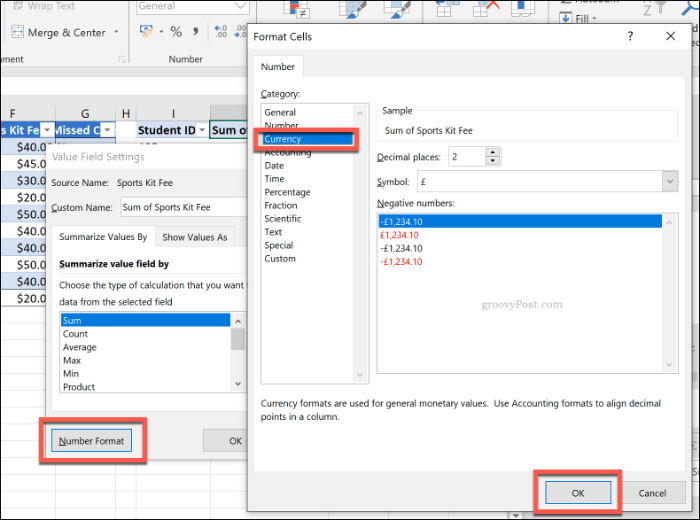 Опции за форматиране на номера на клетка за въртяща се таблица в Excel