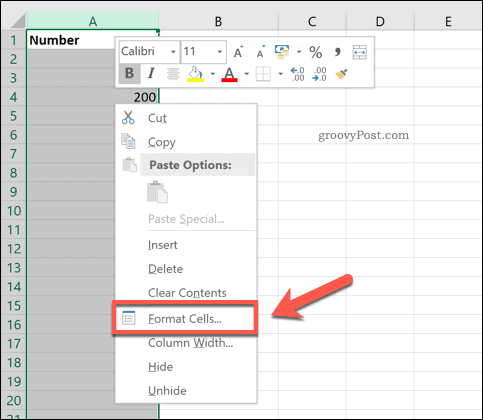 Опция за форматиране на клетки в Excel