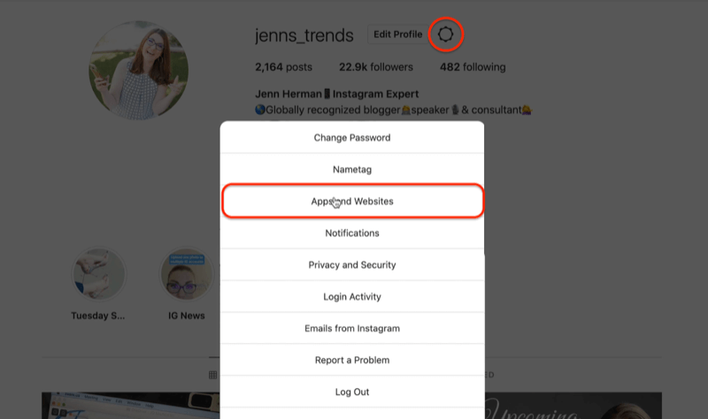 instagram профил икона на зъбно колело редактиране на опции на менюто за настройка, подчертавайки опцията за приложения и уеб сайтове
