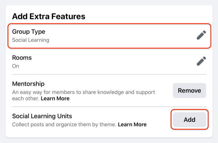 пример за настройки на групови единици във facebook, открояващи опцията за типа група