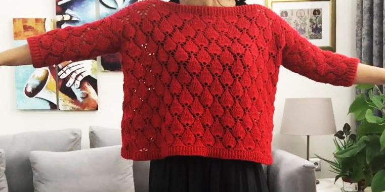 Плетене на една кука ягодов модел пуловер