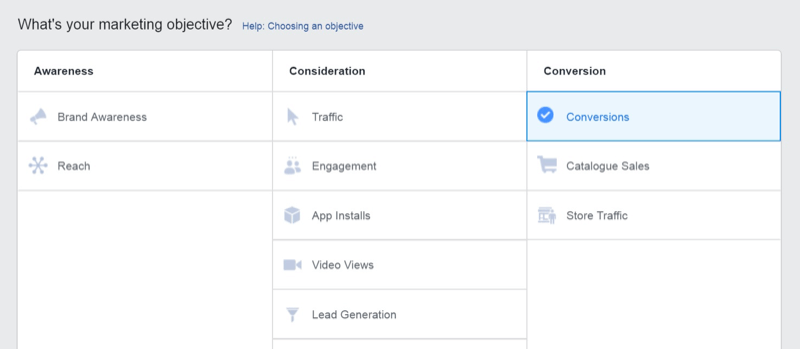Маркетингова стратегия в социалните медии; Екранна снимка на целта „Реализации“ в Facebook Ads Manager.