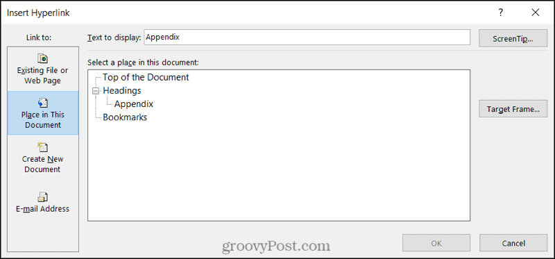 Връзка към местоположение на документ в Word на Windows