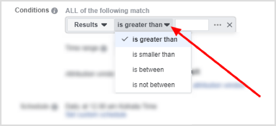 Опции за логически израз при задаване на условие за автоматизирано правило на Facebook