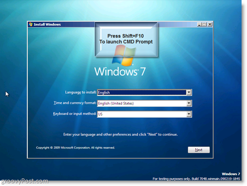 Инсталиране на Windows 7 - Пускане на CMD подкана с Shift + F10