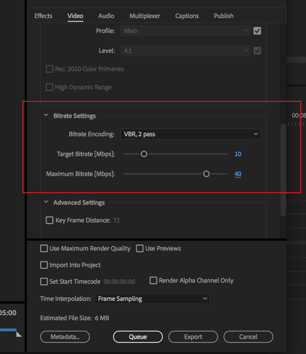 Настройка за промяна на скоростта на предаване на вашия Adobe Premier Pro видео експортиране.