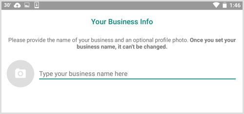 Въведете името на вашия бизнес на екрана с информация за вашия бизнес в WhatsApp Business
