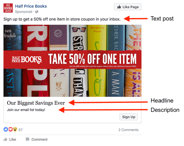 Има три области за текст в реклама във Facebook.