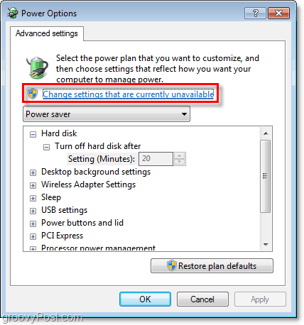 щракнете върху настройките за промяна, които понастоящем не са достъпни, тогава ще можете да видите всички опции за сиво в разширения прозорец с опции за план за захранване в Windows 7