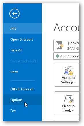 бутон за опции в Outlook 2013