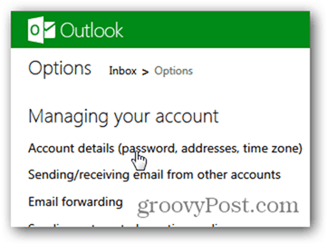 промяна на Outlook.com парола - щракнете върху подробности за акаунта