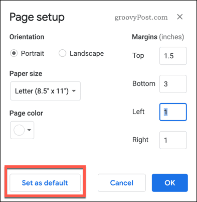 Настройката на страницата е зададена като бутон по подразбиране в Google Документи