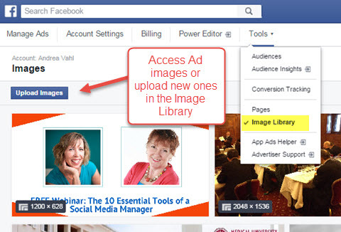достъп до библиотека с изображения във facebook ads manager