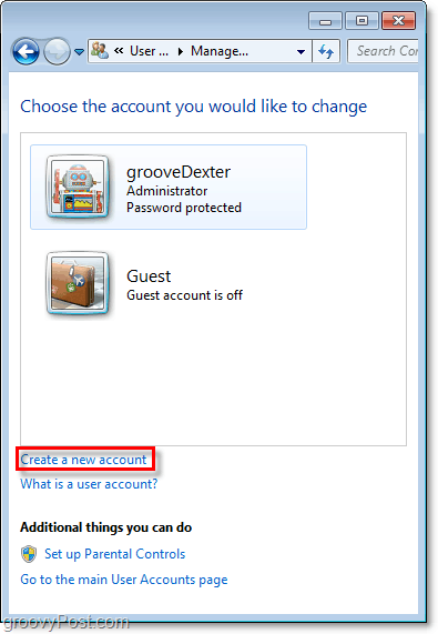от страницата за преглед на акаунти на Windows 7 използвайте връзката, за да създадете нов акаунт