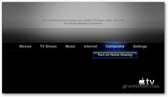 Apple TV Включете споделянето в домашни условия