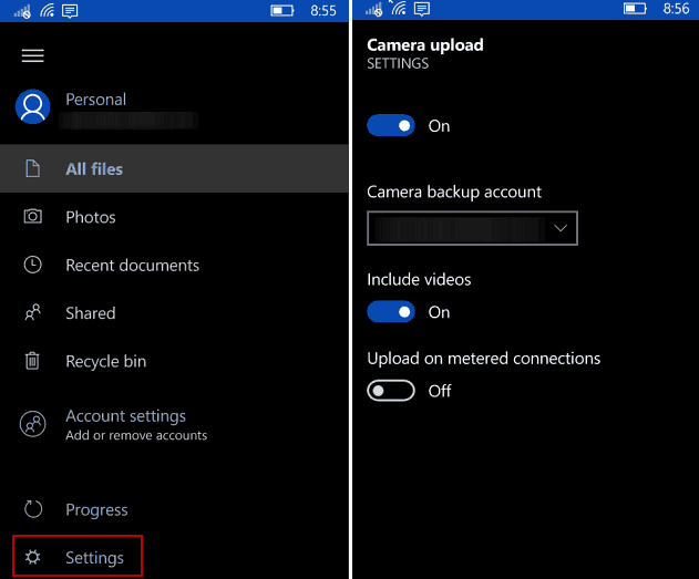 Направете Windows 10 Mobile автоматично архивиране до OneDrive