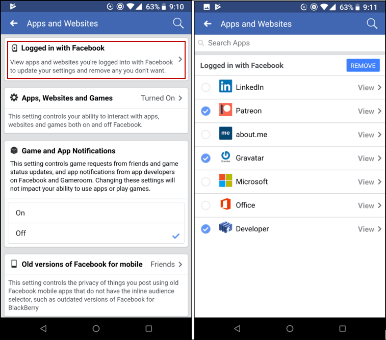 Премахване на приложения Facebook Mobile