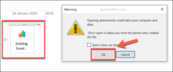 Предупреждение за отваряне на прикачен файл в OneNote