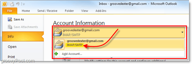 потвърдете, че акаунтът е добавен към Outlook 2010
