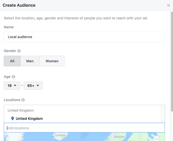 Facebook ви позволява да насочвате усилена публикация към определени места.
