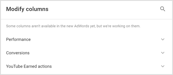Анализът на Google AdWords променя екрана на колоните