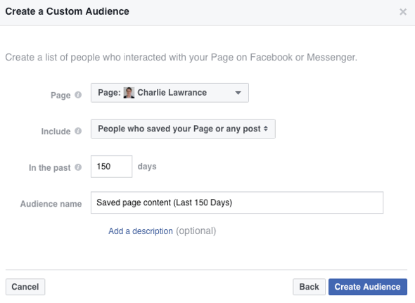 Създайте персонализирана аудитория от хора, запазили вашата страница във Facebook или публикация.