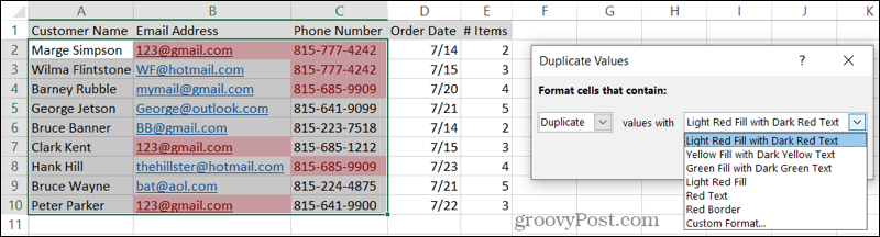 Изберете Форматиране за дубликати в Excel