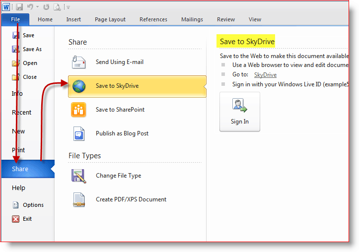 Запазете документи в онлайн хранилището на SkyDrive