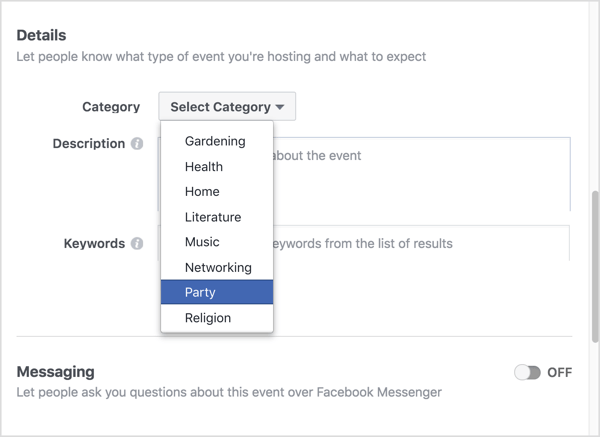 Изберете категорията, която най-добре описва вашето виртуално събитие във Facebook.