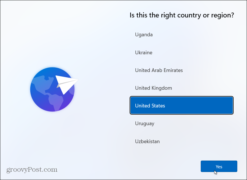 Изберете държава Инсталиране на Windows 11