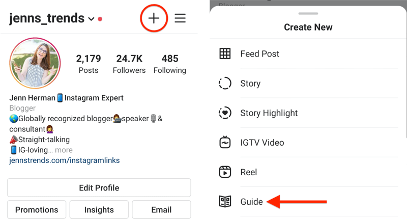 примерен потребителски профил в instagram с маркирана икона + и създадено ново изскачащо меню с маркирана опция за ръководство
