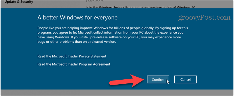 Потвърдете регистрацията в програмата Windows Insider