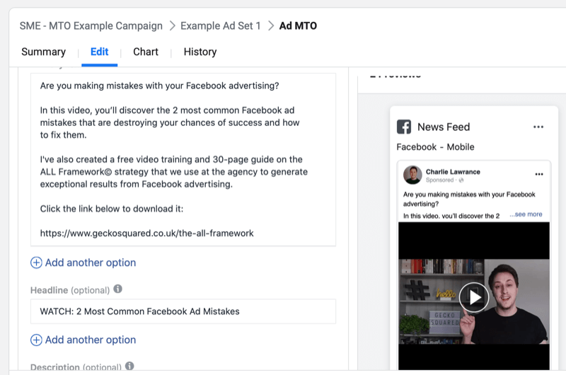 стъпка по стъпка за създаване на кампания във Facebook с множество текстови опции