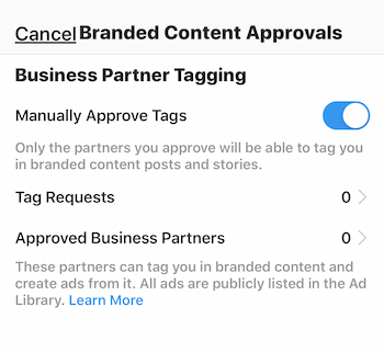 Настройки за одобрение на съдържание с марка Instagram за бизнес профил