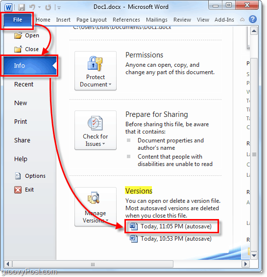 автоматично запазена версия се върнете към Outlook 2010