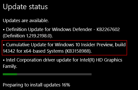 Windows 10 Update KB3158988 за Preview Build 14342 за компютри