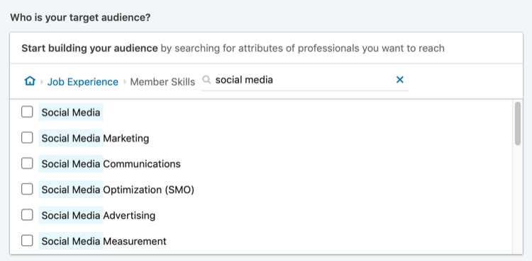 резултати от търсене на „социални медии“ за насочване на уменията на членовете на LinkedIn