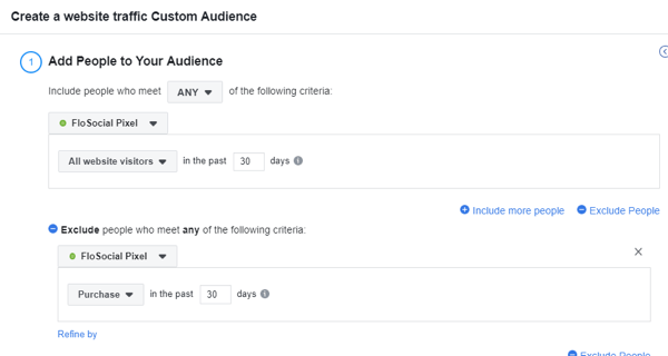 Използвайте инструмента за настройка на събития във Facebook, стъпка 15, настройки, за да създадете потребителска аудитория за трафик на уебсайт във Facebook, с изключение на покупките през последните 30 дни