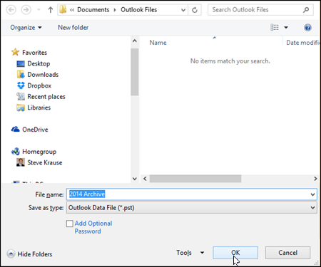Outlook 2016 - Изберете име и местоположение на PST файл