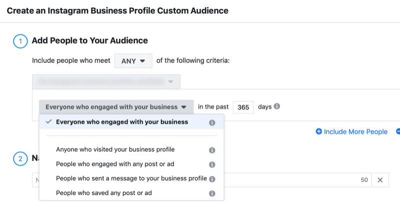 прозорец за настройка за потребителска аудитория за ангажиране на бизнес профил в Instagram