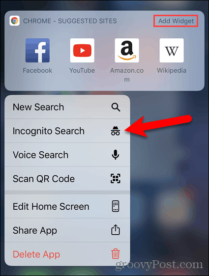 Натиснете дълго иконата на Chrome и изберете търсене с инкогнито