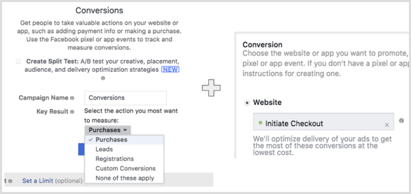 Създайте кампания във Facebook с цел Web Conversions и изберете действието, което искате вашата аудитория да извърши.