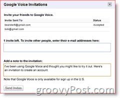 Екранна снимка на покана за Google Voice