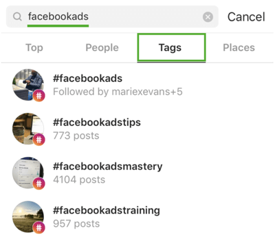 Как да развиете стратегически своя Instagram, следвайки стъпка 9, намерете подходящи хаштагове, например търсене на „facebookads“