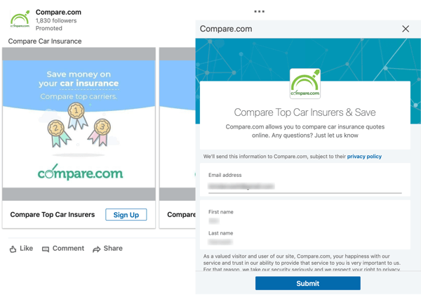 Как да създадете LinkedIn обективно базирани реклами, спонсорирана реклама за генериране на олово от Compare.com
