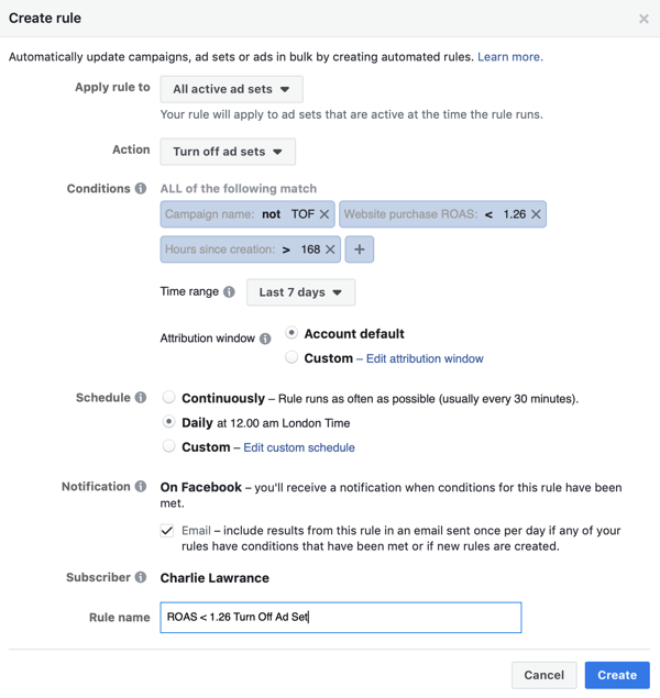Използвайте автоматизирани правила на Facebook, спрете задаването на реклами, когато ROAS падне под минимума, стъпка 4, име на правило