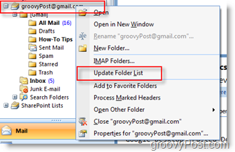Актуализирайте списъка с папки на iMAP GMAIL в навигационната лента на Outlook 2007