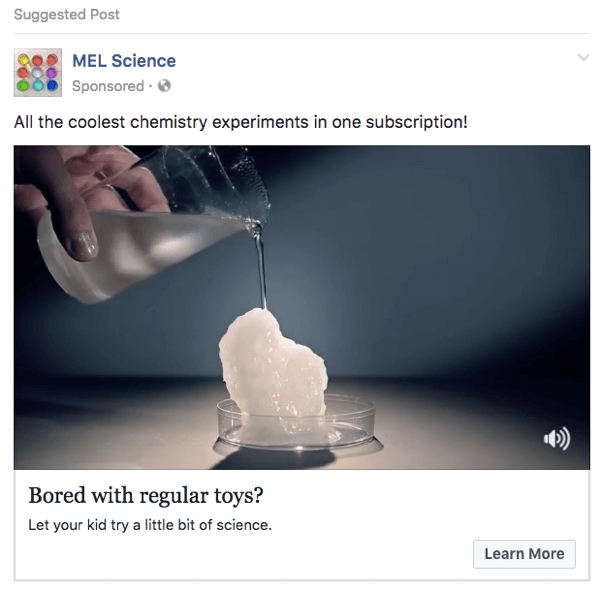 Тази реклама на MEL Science във Facebook използва клипове от видеоклип в YouTube.